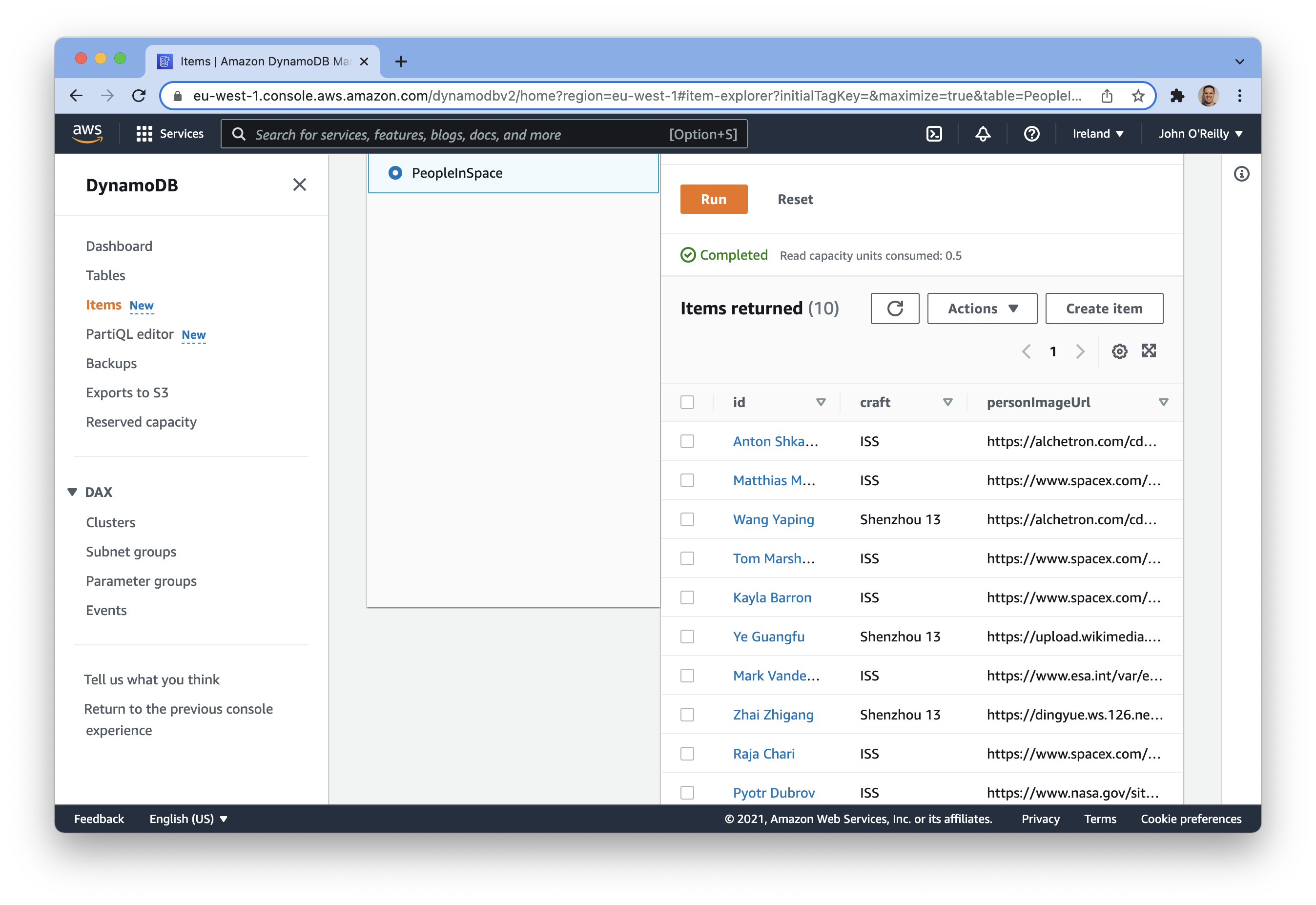 dynamodb console screenshot