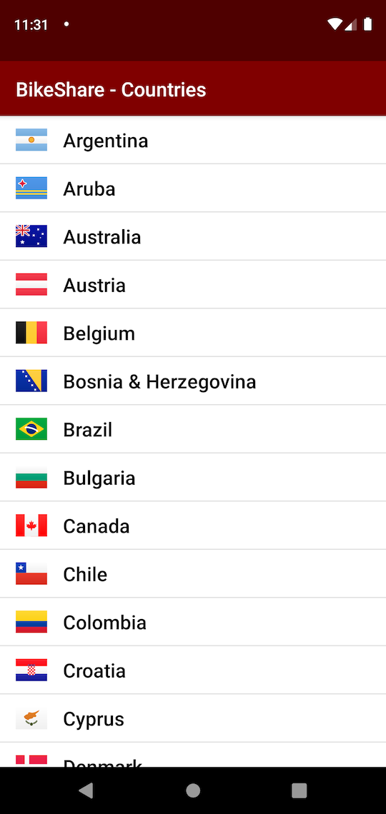 Android Bike Share Country List Screen