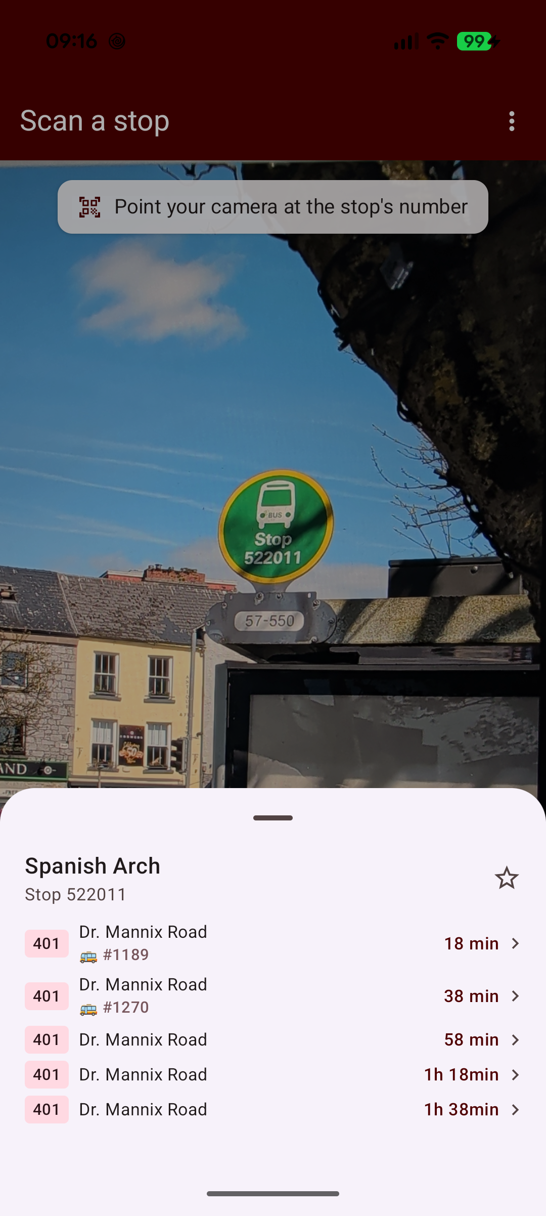 GalwayBus Scan tab