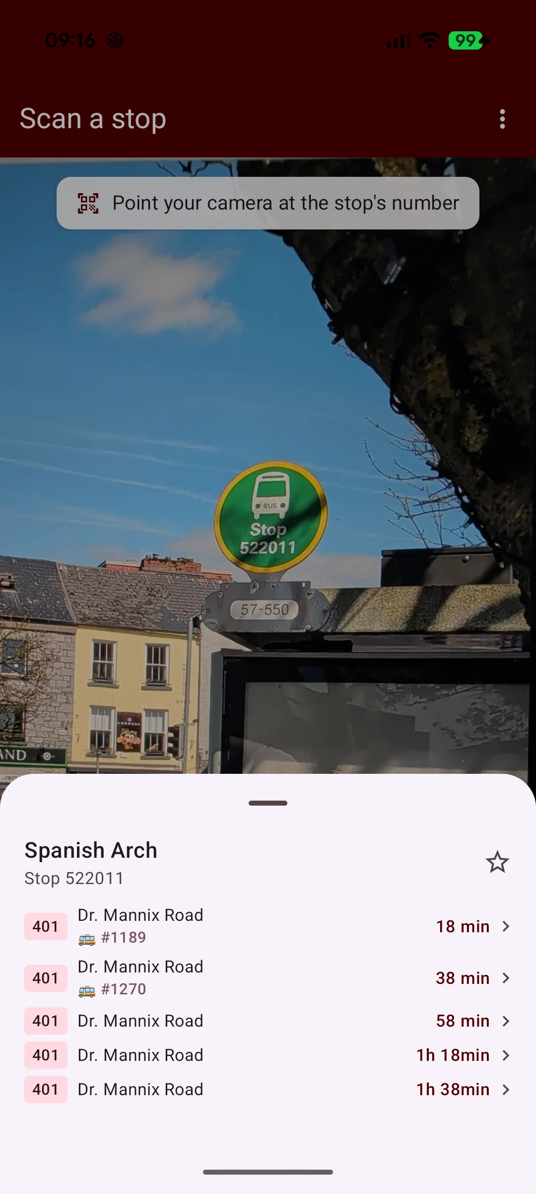 GalwayBus Scan tab